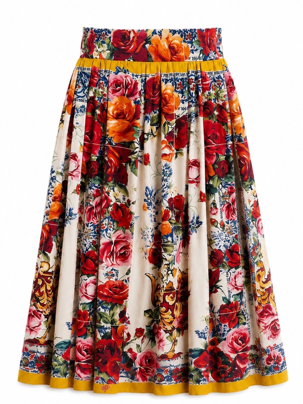 Dolce & Gabbana Cream Floral Midi Skirt with Yellow Trim - Picture 1 of 12